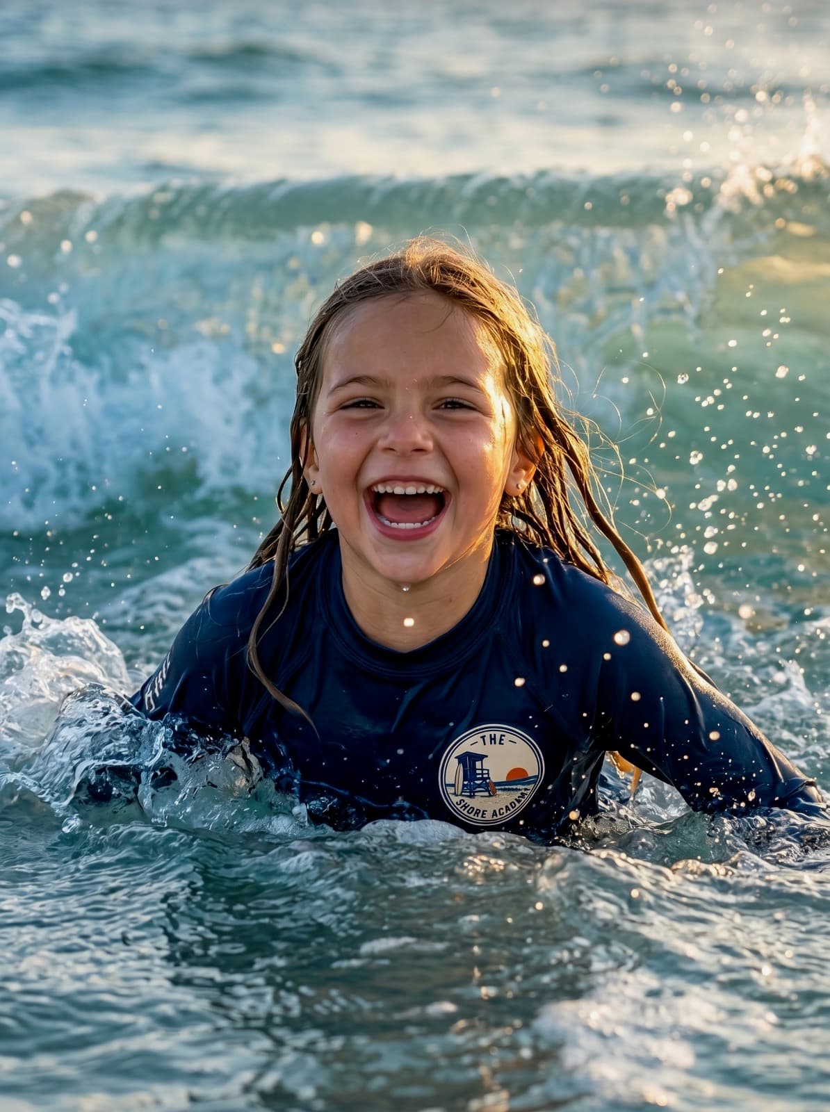 Shore Academy student laughing with joy in the ocean waves during certified lifeguard training on a South Florida beach