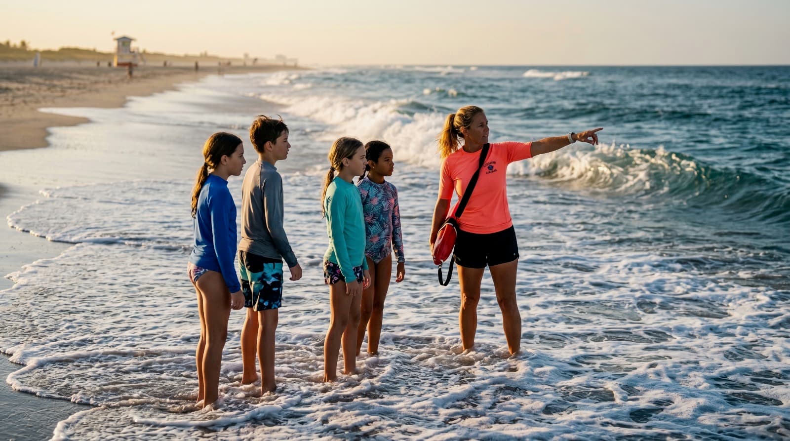 Certified Shore Academy lifeguard instructor pointing at the ocean, teaching four children to read surf conditions at golden hour on a South Florida beach