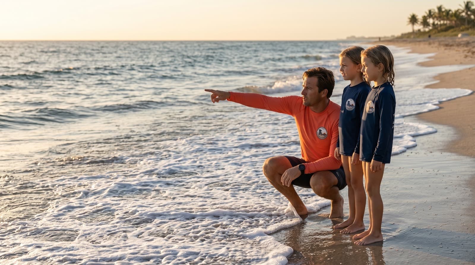 Shore Academy instructor crouching at shore level to point out ocean conditions to two young students, intimate one-on-one coaching at golden hour