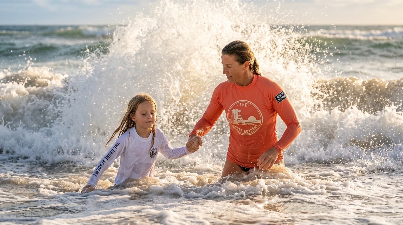 Shore Academy instructor holding a young student's hand while powerful waves crash around them, real ocean training in action on a South Florida beach
