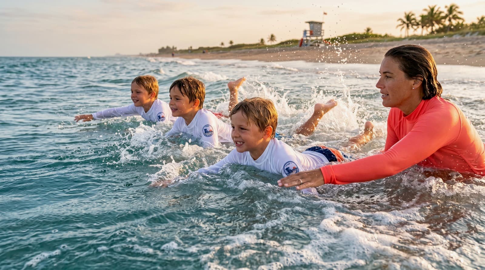 Three smiling boys in Shore Academy rash guards bodyboarding together in the surf with their instructor during a group ocean safety session in South Florida