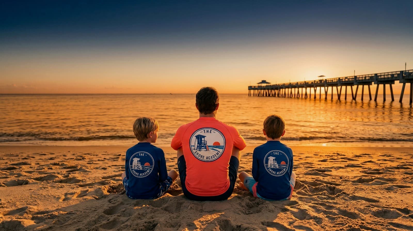 Shore Academy instructor and two young students sitting together on Deerfield Beach sand at sunset with the iconic pier silhouetted behind them